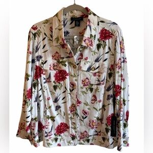 NWT Tahari 55% Linen Floral Bird Print Button-up Shirt Jacket (1X) Garden Party